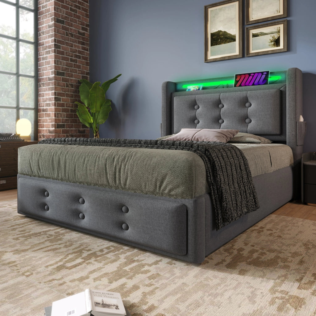 LETTO Imbottito 90x200 cm Grigio con LED e prese USB