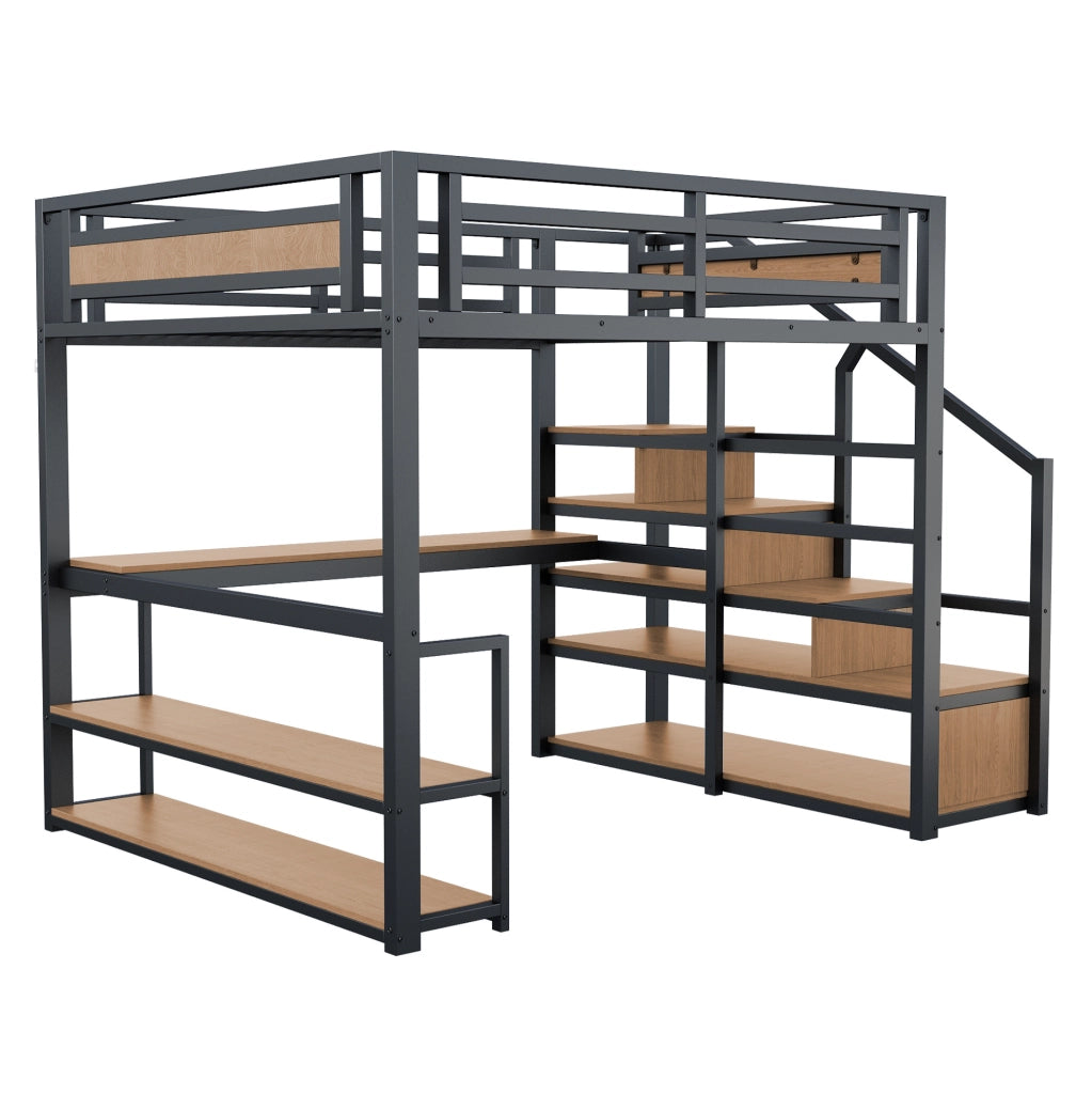 Letto a soppalco 140x200 cm con scrivania, scaffali e scala contenitore in metallo nero