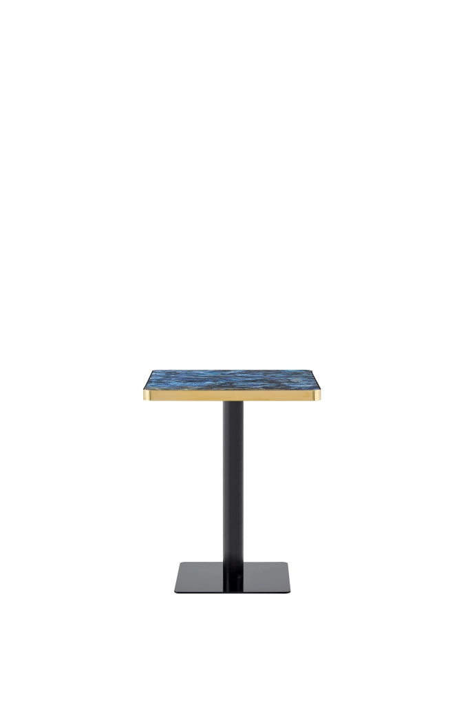 Tavolo da pranzo quadrato con piano effetto marmo e bordo dorato, base in metallo, per 2-4 persone, blu, 60 × 60 cm