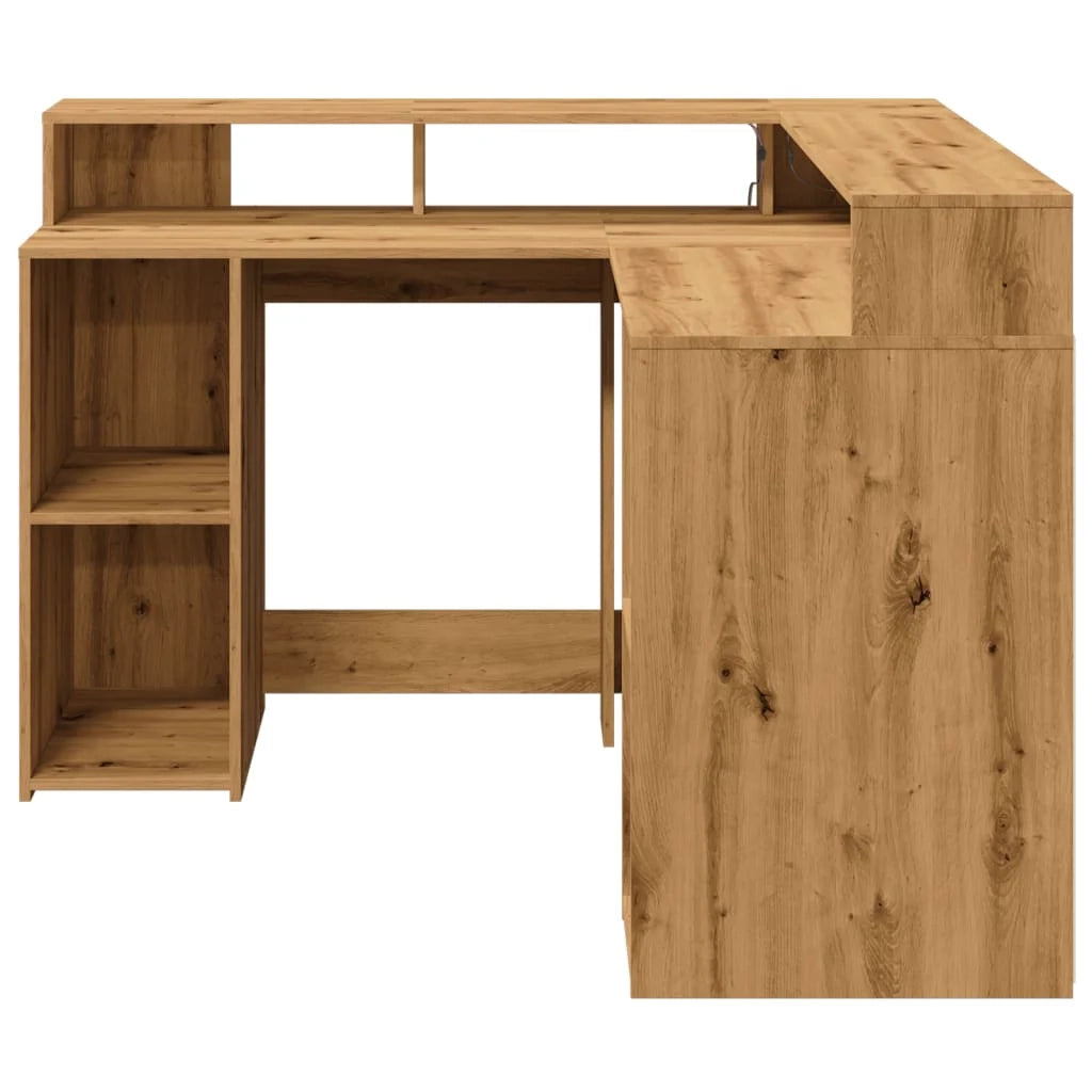 Scrivania da ufficio postazione di lavoro mobile per computer scrivania da studio con luci a LED rovere lavorato a mano legno marrone ingegnerizzato 02_0023419