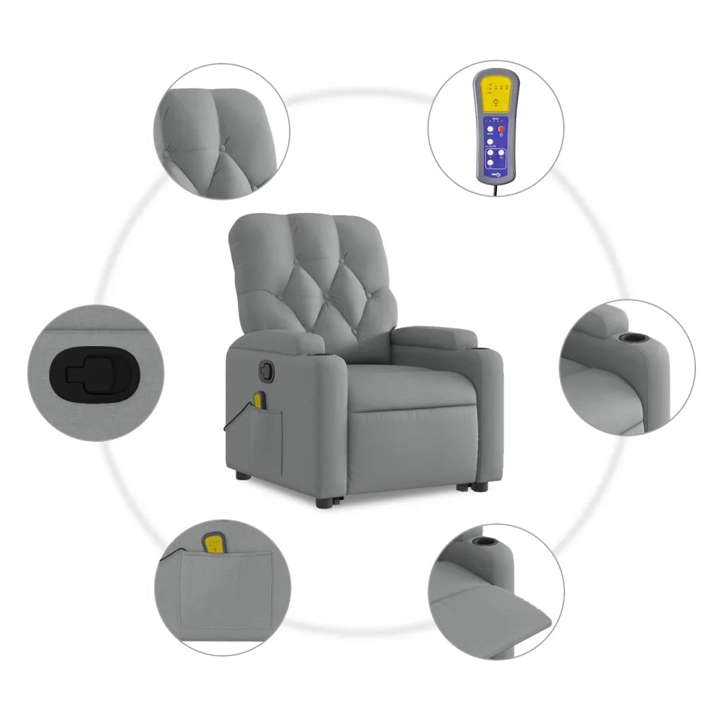 Poltrona | Sedia Relax Alzapersona Massaggi Reclinabile Grigio Chiaro Tessuto