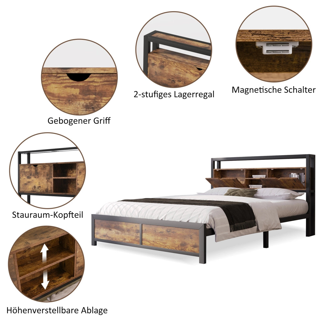 LETTO Matrimoniale 140x200 cm in Metallo e Legno Naturale con testiera portaoggetti