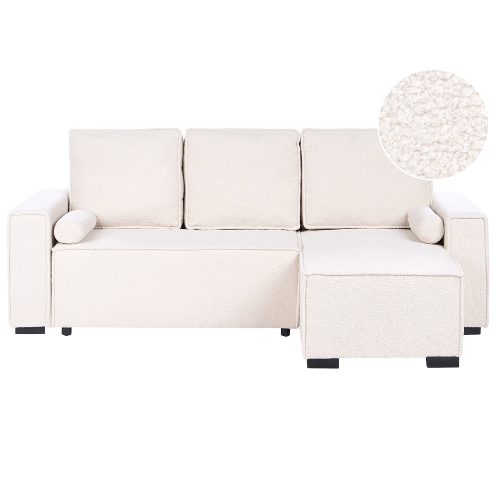 Divano letto angolare a 3 posti rivestimento in bouclé verde chiaro configurazione a sinistra con braccioli contenitori reversibile stile moderno per soggiorno