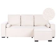 Divano letto angolare a 3 posti rivestimento in bouclé verde chiaro configurazione a sinistra con braccioli contenitori reversibile stile moderno per soggiorno