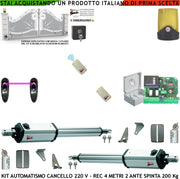 Cancello Elettrico 4 MT 2 Ante Kit 2 Motori 230 V Stelo Retrattile 2 Radiocomandi Fotocellule Faro Selettore Cartello Monitore Centrale Riprogrammabile Luce di Cortesia Apertura Condominiale Pedonale