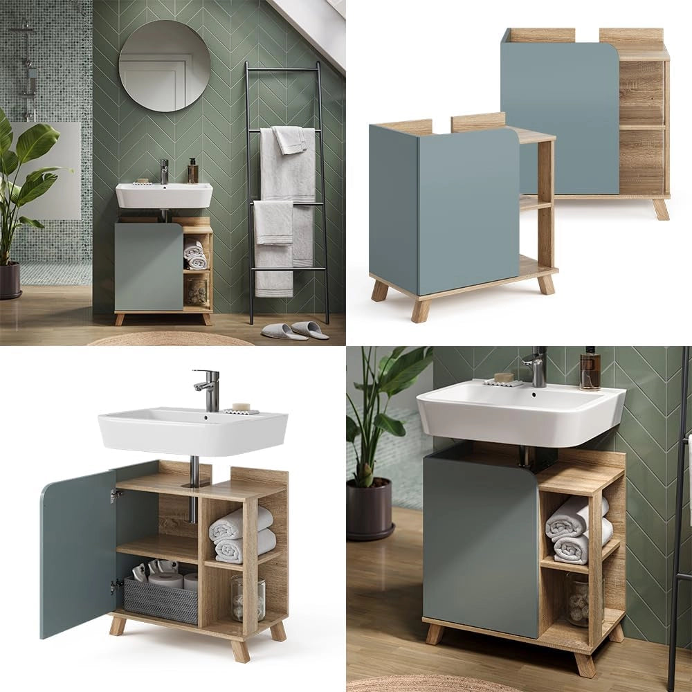 Mobiletto per lavabo Karen, Sonoma/blu, 60 x 65 cm con porta e vani aperti, con ritaglio per sifone per il montaggio sotto il lavabo