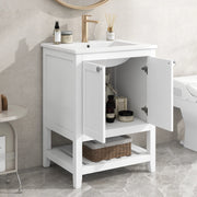 Mobile sottolavabo con lavabo in ceramica da bagno con base a pavimento in legno massello e MDF bianco 60 cm