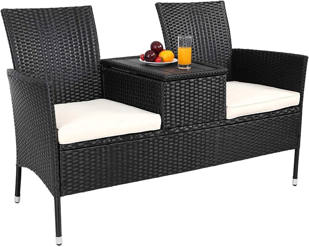 ® Panchina da Giardino Poly Rattan 143x64x88cm Tavolino Portaoggetti Salottino Outdoor Balcone Terrazza 2 posti