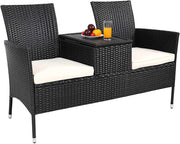 ® Panchina da Giardino Poly Rattan 143x64x88cm Tavolino Portaoggetti Salottino Outdoor Balcone Terrazza 2 posti