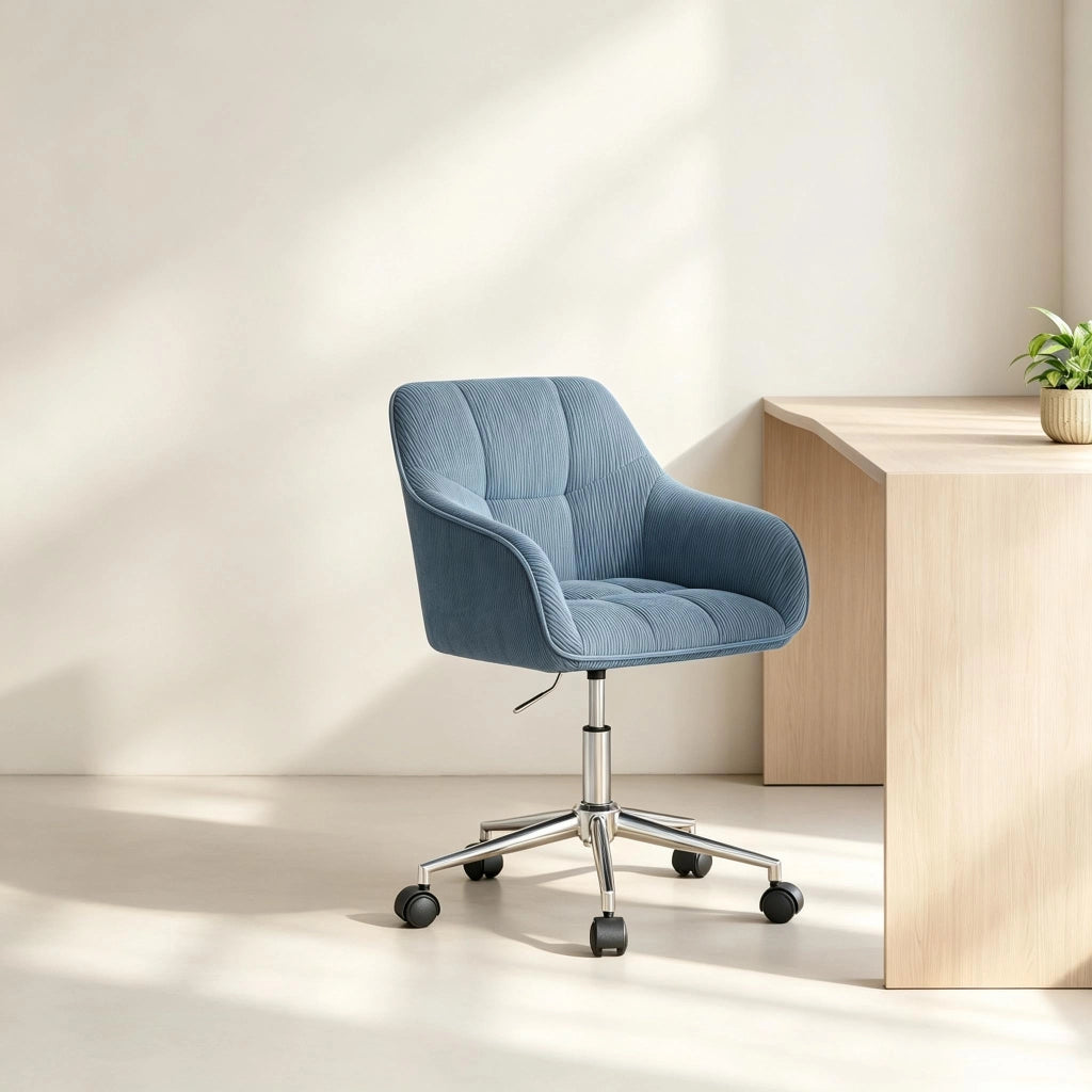 Sedia da ufficio girevole 360 gradi regolabile seduta imbottita e braccioli in tessuto a coste blu 56 × 40 × 81-90 cm