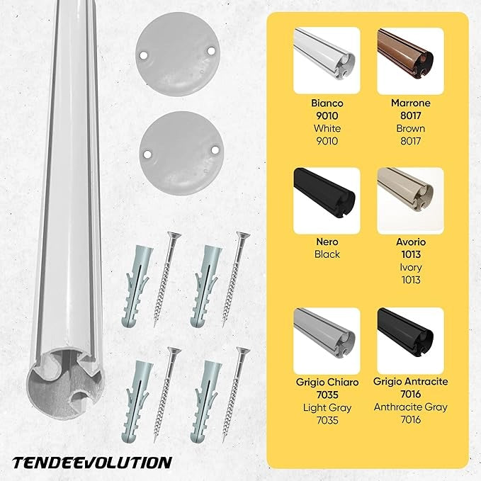Profilo Terminale per Tenda da Sole a Caduta in Alluminio - Colore Bianco, Lunghezza 2,5 M - Completo di Tappi e Tasselli