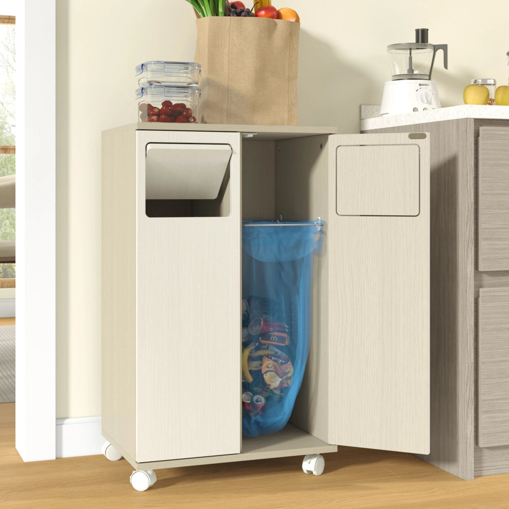Mobile contenitore per raccolta differenziata con 2 vani, 4 ruote, per cucina e sala da pranzo, in MDF bianco, 46,7 × 35 × 80 cm