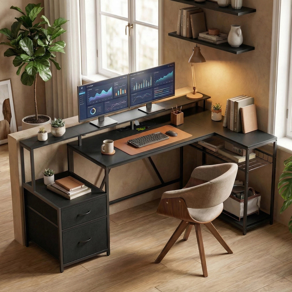 Scrivania Gaming Angolare con Hub Ricarica e LED ¨C Zephmum ¨C Legno e Acciaio Nero 192.5x80x86.5 cm