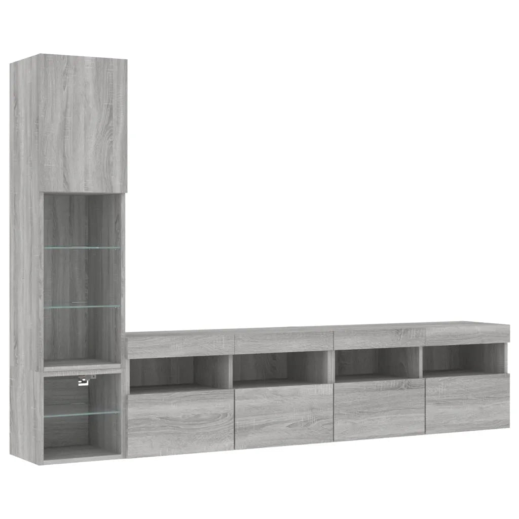 vidaXL Mobili TV a Muro con LED 4pz Grigio Sonoma in Legno Multistrato
