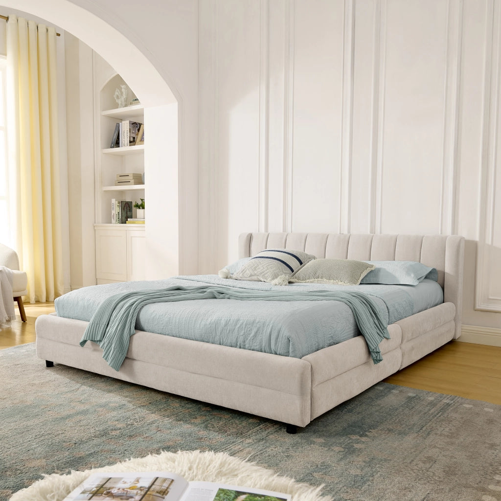 Letto con Cassetti 140x200 cm - 4 Cassetti; USB e Porta di Ricarica di Tipo C - Beige
