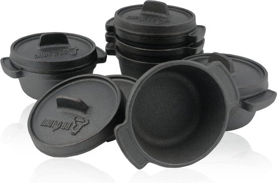 Set di Cottura in Ferro di Cavallo da 6 pezzi (11 cm di diametro) - Piatte in Ferro di Cavallo Pre-Sgrassate per Stufati e Casserole