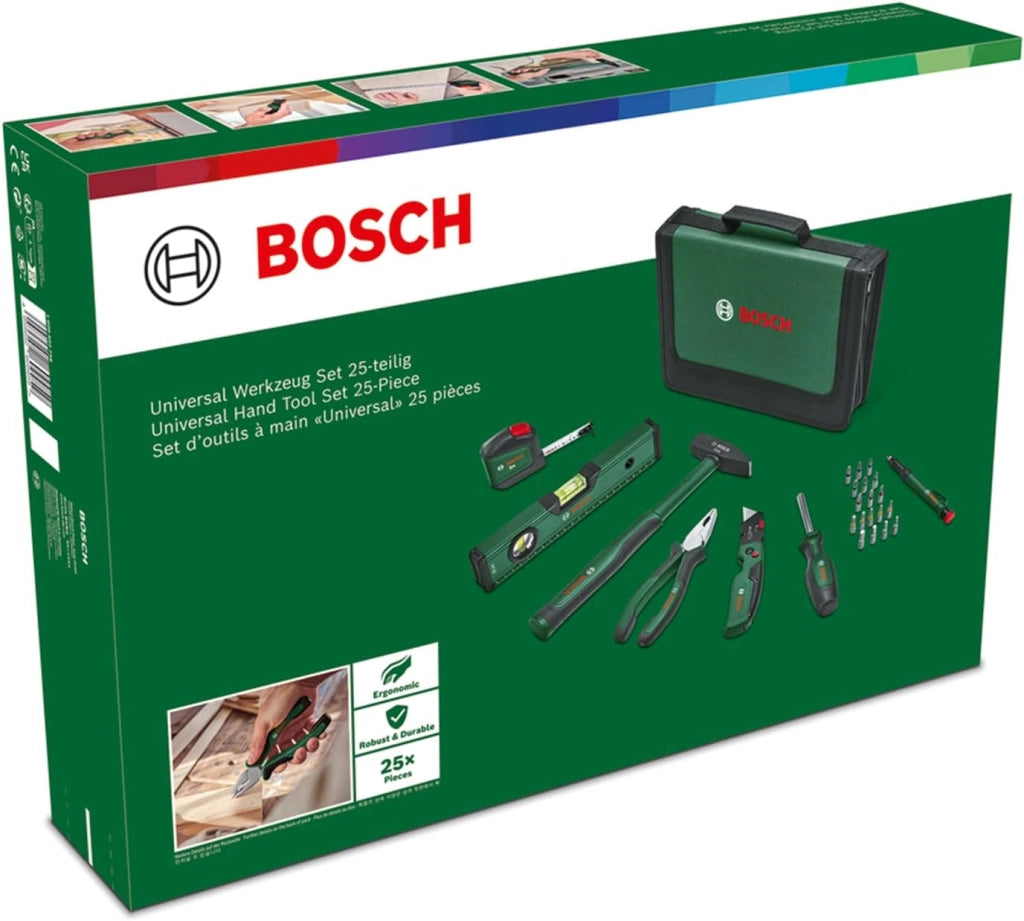 Bosch Set universale di utensili manuali 25 pz. (versatile kit per usi fai-da-te in ambito domestico; coltello ripiegabile; pinze combinate; metro a nastro; livella a bolla; e altro) - Amazon Edition