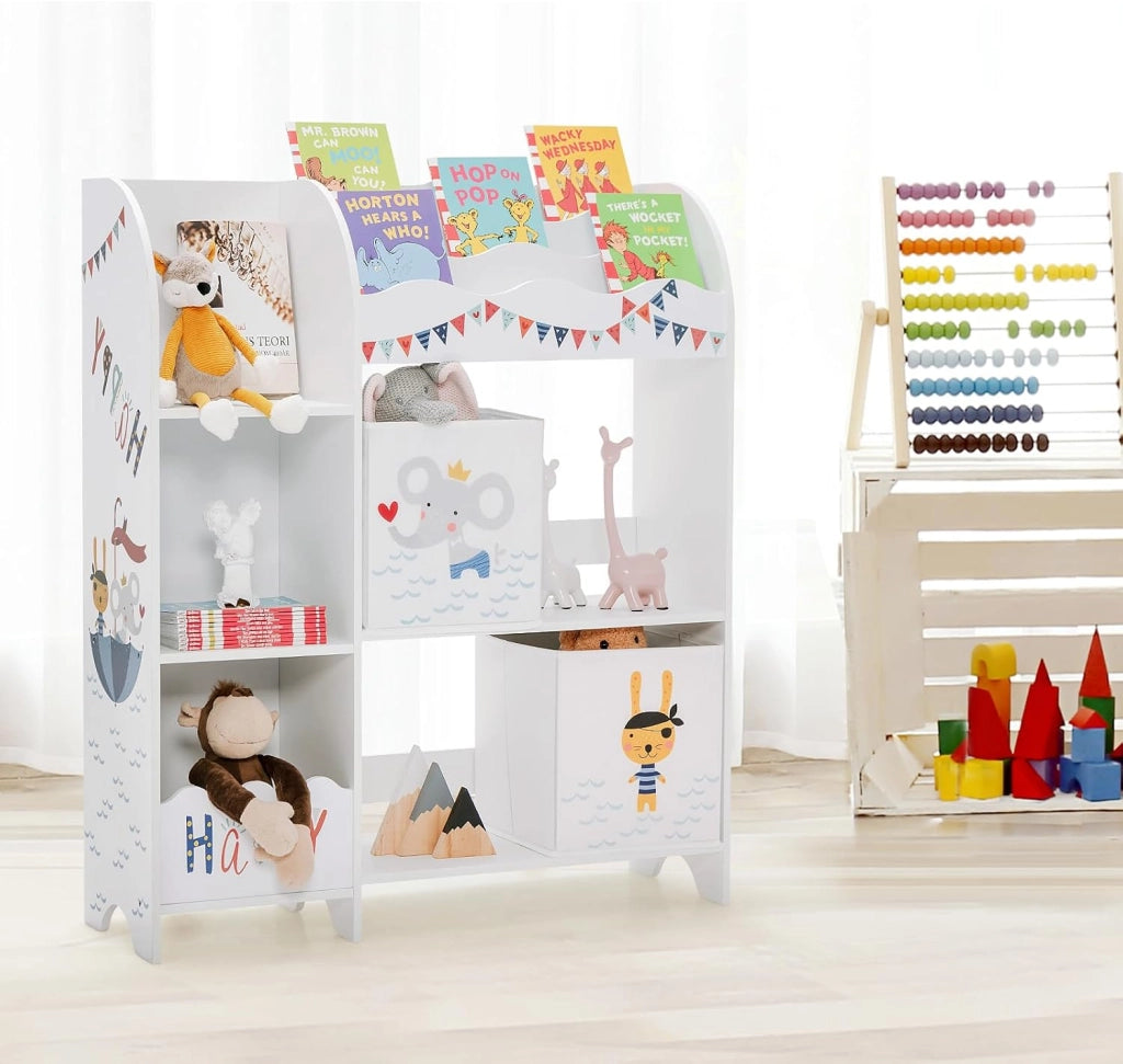 Scaffale per bambini, organizer per giocattoli con 2 scatole e 5 scomparti e 2 ripiani aperti, scaffale per giocattoli, libreria, scaffale bianco, cameretta dei bambini, camera da letto (pirati