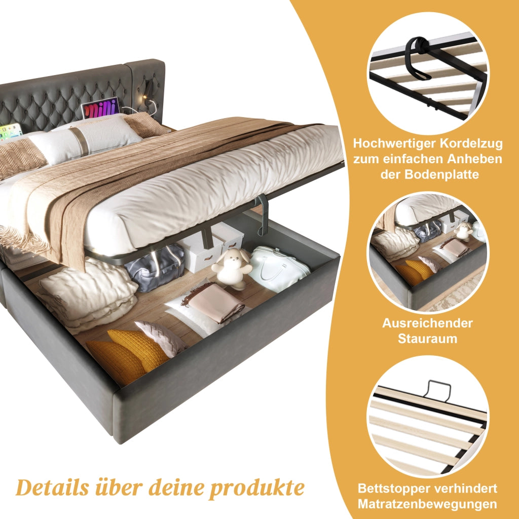 LETTO Contenitore 180x200 cm in Velluto Grigio con 2 comodini e USB