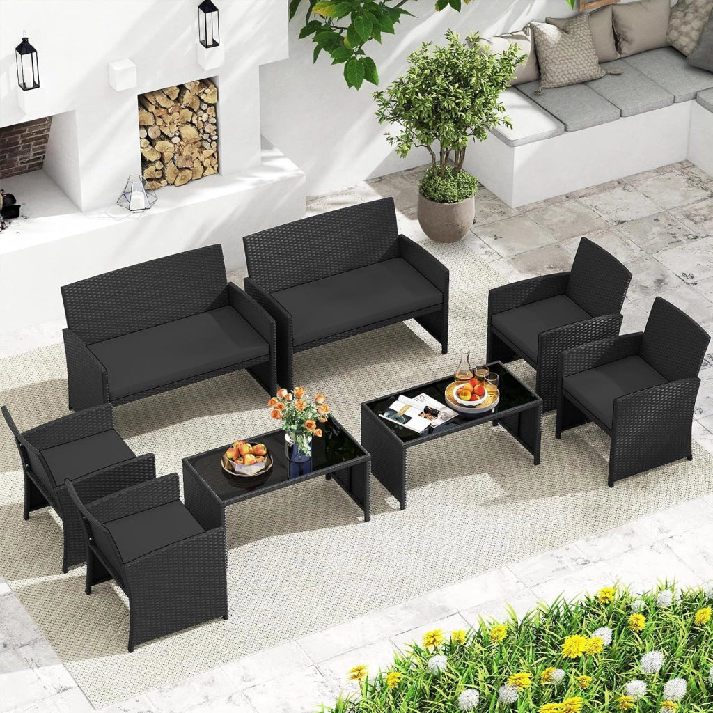 Set Salotto da Giardino 4 Pezzi, Divanetto e Poltrone in Rattan con Tavolino da Caffè in Vetro Temperato, Set di Mobili da Esterno Imbottiti per Cortile, Veranda e Bordo Piscina (Nero)