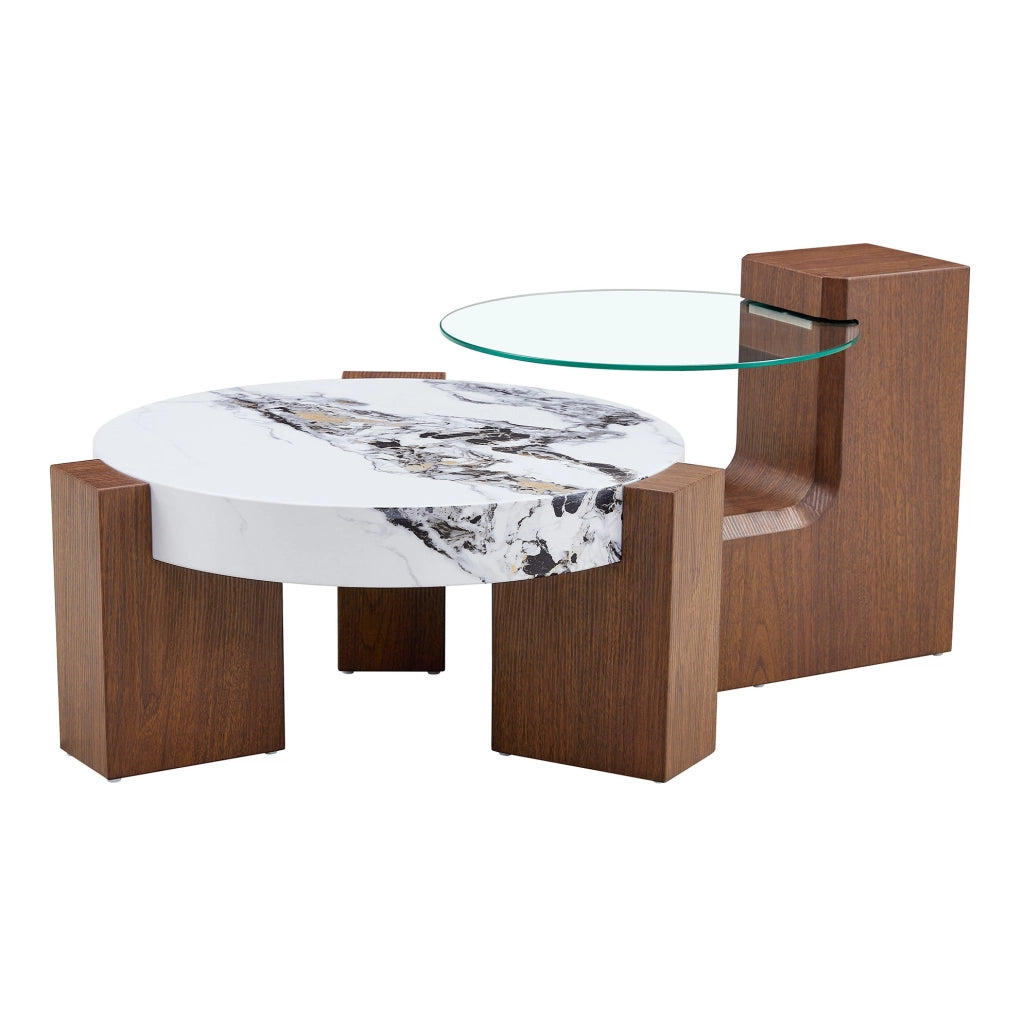 Set di tavolini da salotto rotondi 2 pezzi in MDF effetto noce; vetro trasparente; bianco marmo; 61 cm