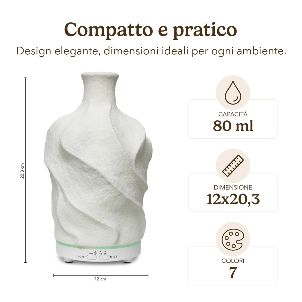 Diffusore di Aromi 80 ml in Ceramica con Luce LED 7 Colori, Umidificatore per Oli Essenziali con Timer 1/2 Ore, Alimentazione USB-C 5V, Design Compatto Bianco