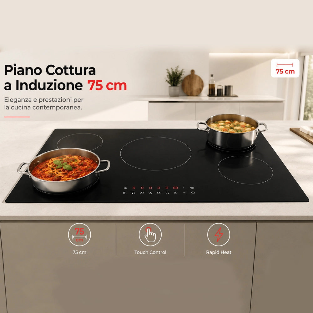 Piano Cottura a Induzione 75 cm in Vetroceramica Nero Controllo Touch 5 Fornelli