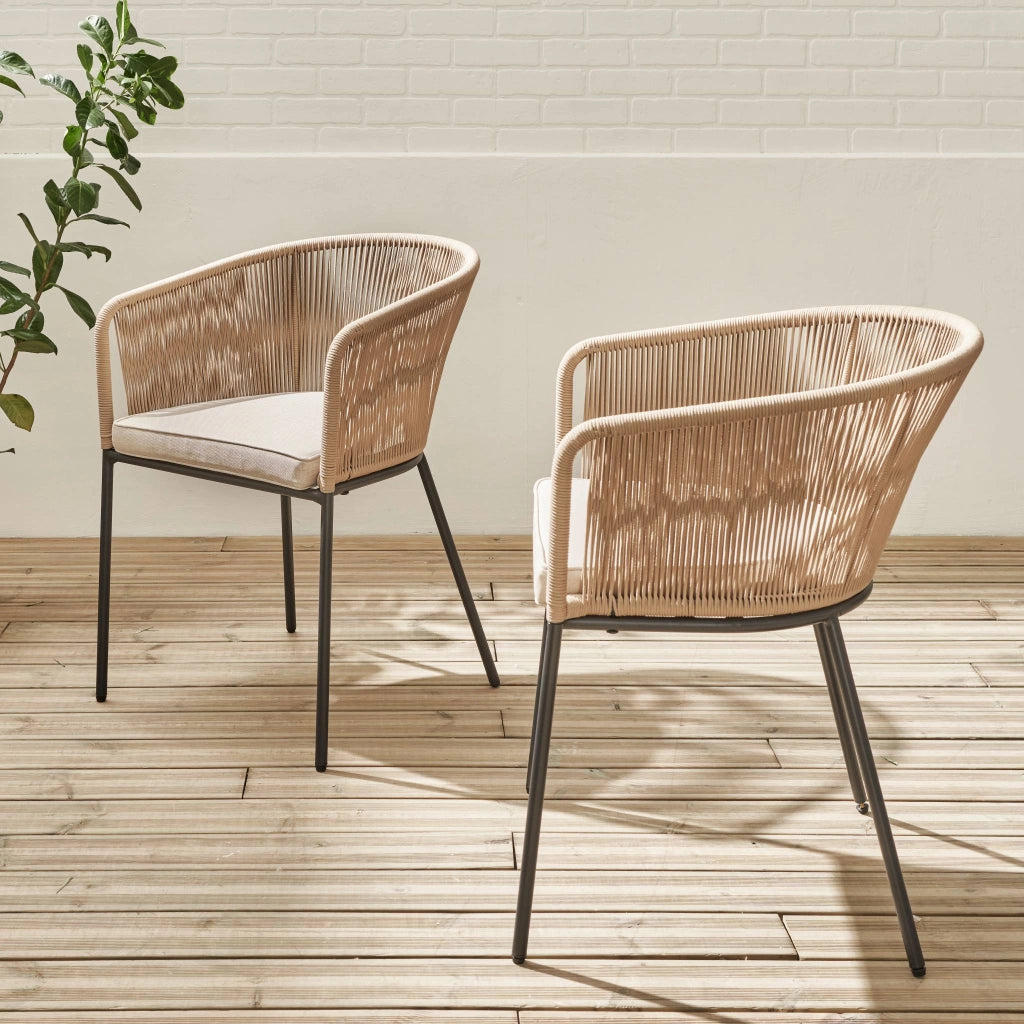 Set 2 sedie da giardino in corda e acciaio zincato, beige