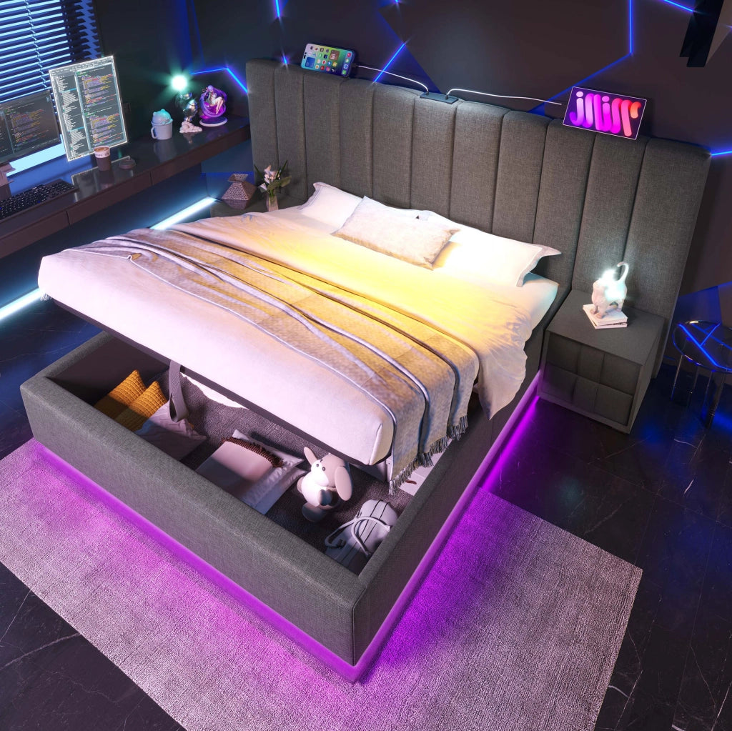 Letto contenitore 160x200 cm grigio con LED e ricarica USB-C