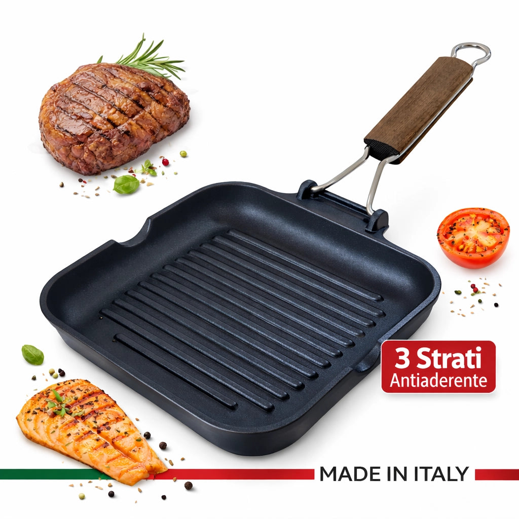 Bistecchiera 28x28 cm Antiaderente 3 Strati Manico Pieghevole Salvaspazio Made in Italy