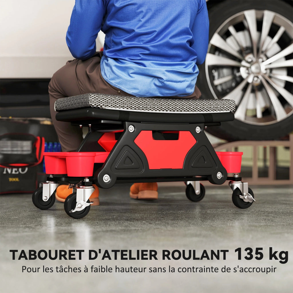 Sgabello da Officina Mobile con Ruote ¨C Zephmum ¨C Nero 64.5x33x35cm