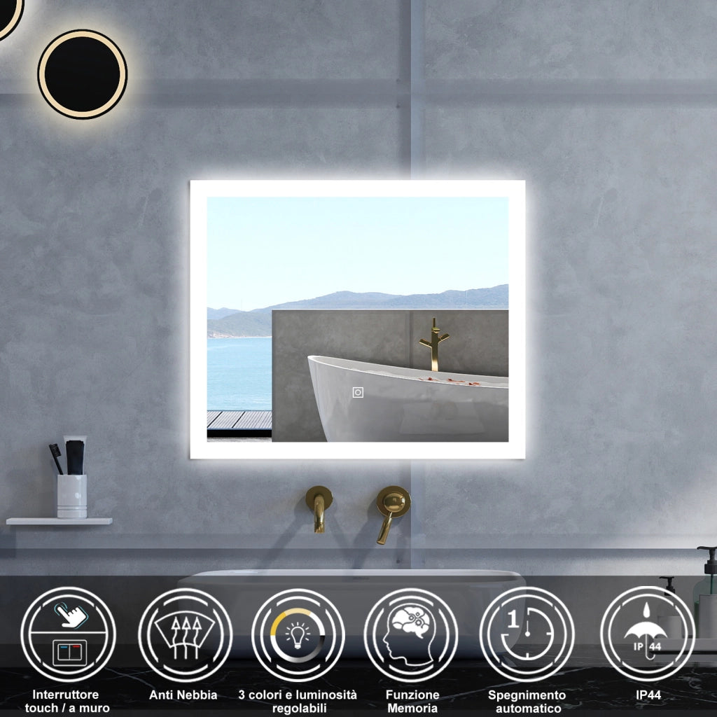 Specchio da bagno Rettangolare con 90x70cm,3 colori,Memoria, Antifog,Regorabile,Retroilluminato,doppio interruttore,