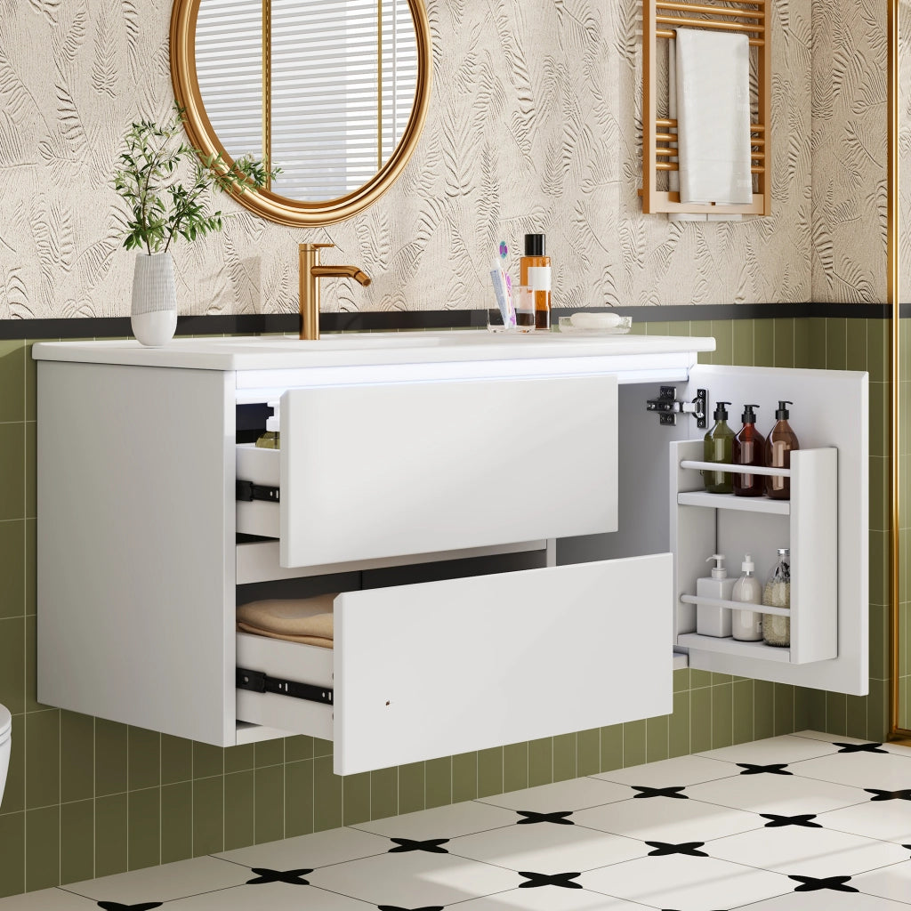 Mobile sottolavabo con lavabo in ceramica, LED con sensore radar, 2 cassetti e 1 vano, bianco 91 × 46,5 × 50,5 cm
