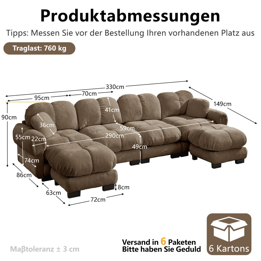 Divano modulare in ciniglia con pouf mobili 330×149×90 cm marrone