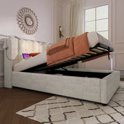 Letto singolo imbottito contenitore 90x200 cm in lino naturale con luce da lettura e USB