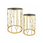 2 TAVOLINI TONDI METALLO COLOR ORO E TOP IN VETRO MISURE 38X55CM/ 33X50CM