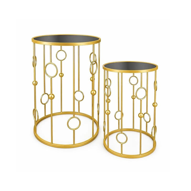 2 TAVOLINI TONDI METALLO COLOR ORO E TOP IN VETRO MISURE 38X55CM/ 33X50CM