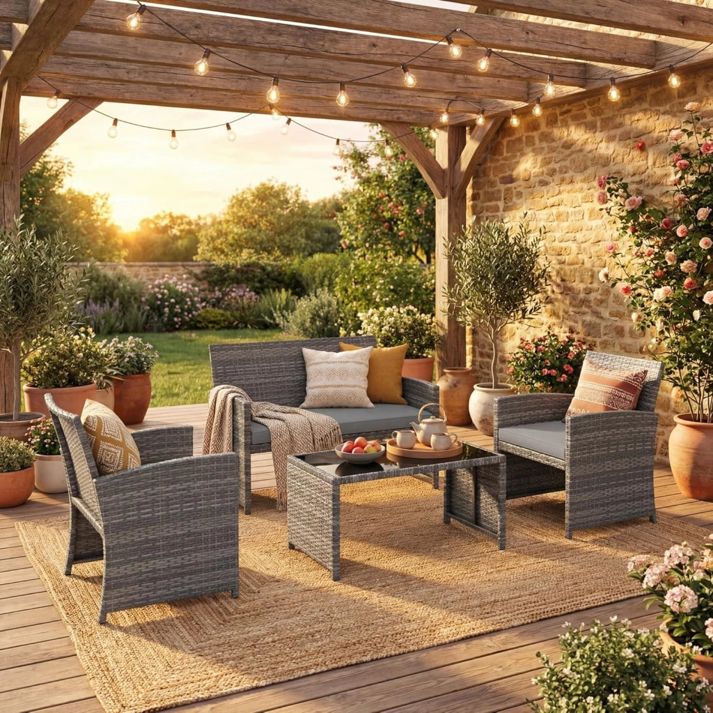 Set Mobili da Giardino in Rattan PE, Divano a 2 Posti e 2 Poltrone con Cuscini Comfort, Tavolino con Piano in Vetro, Arredo da Esterno per 4 Persone per Patio, Balcone, Cortile (Grigio+Grigio)