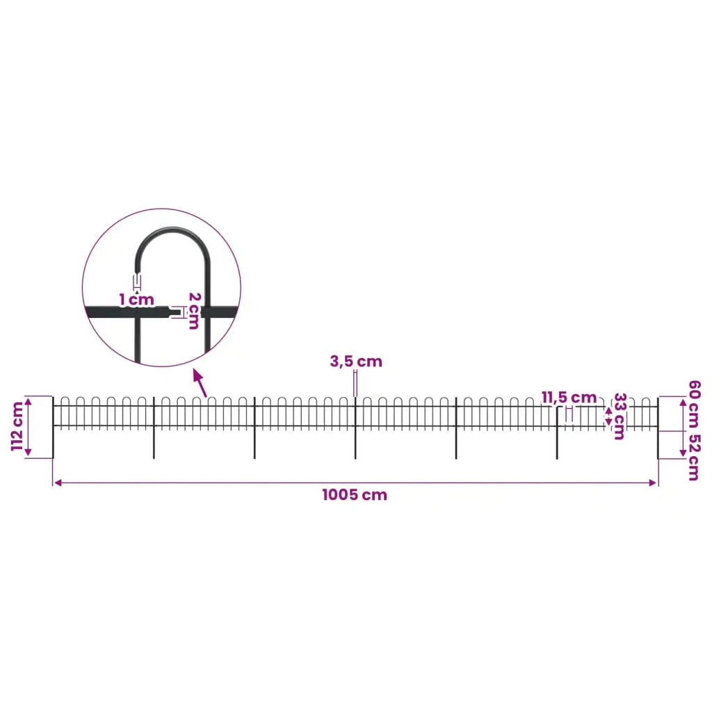 Recinzione da Giardino con Parte Superiore ad Anello in Acciaio 1005x60 cm Nera 277643
