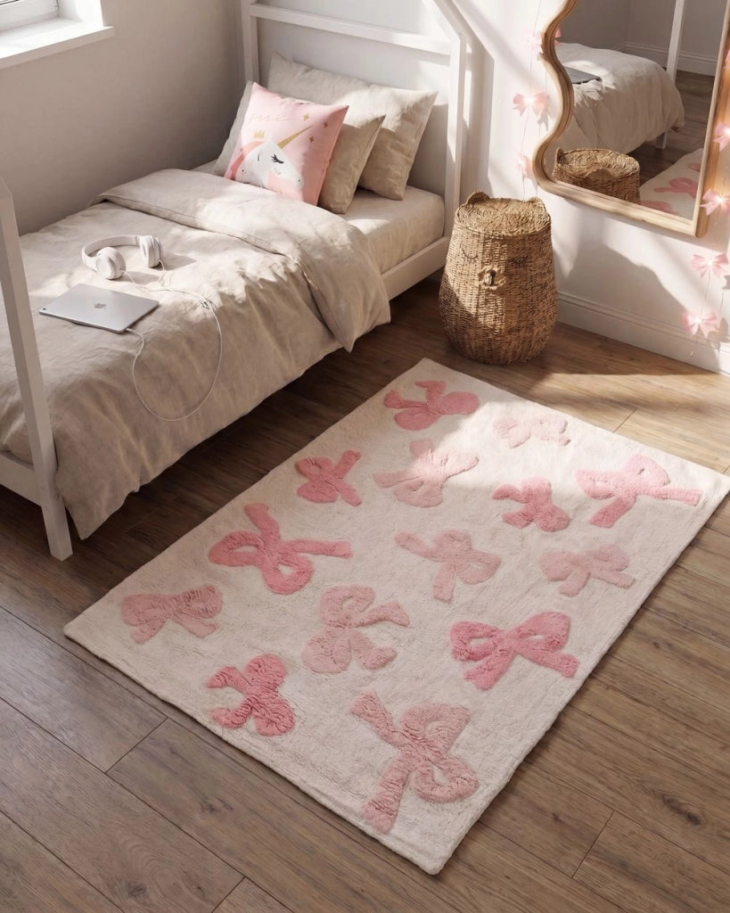 Tappeto per bambini rettangolare taftato in cotone bianco e rosa 90 x 130 cm con nastri decorativi