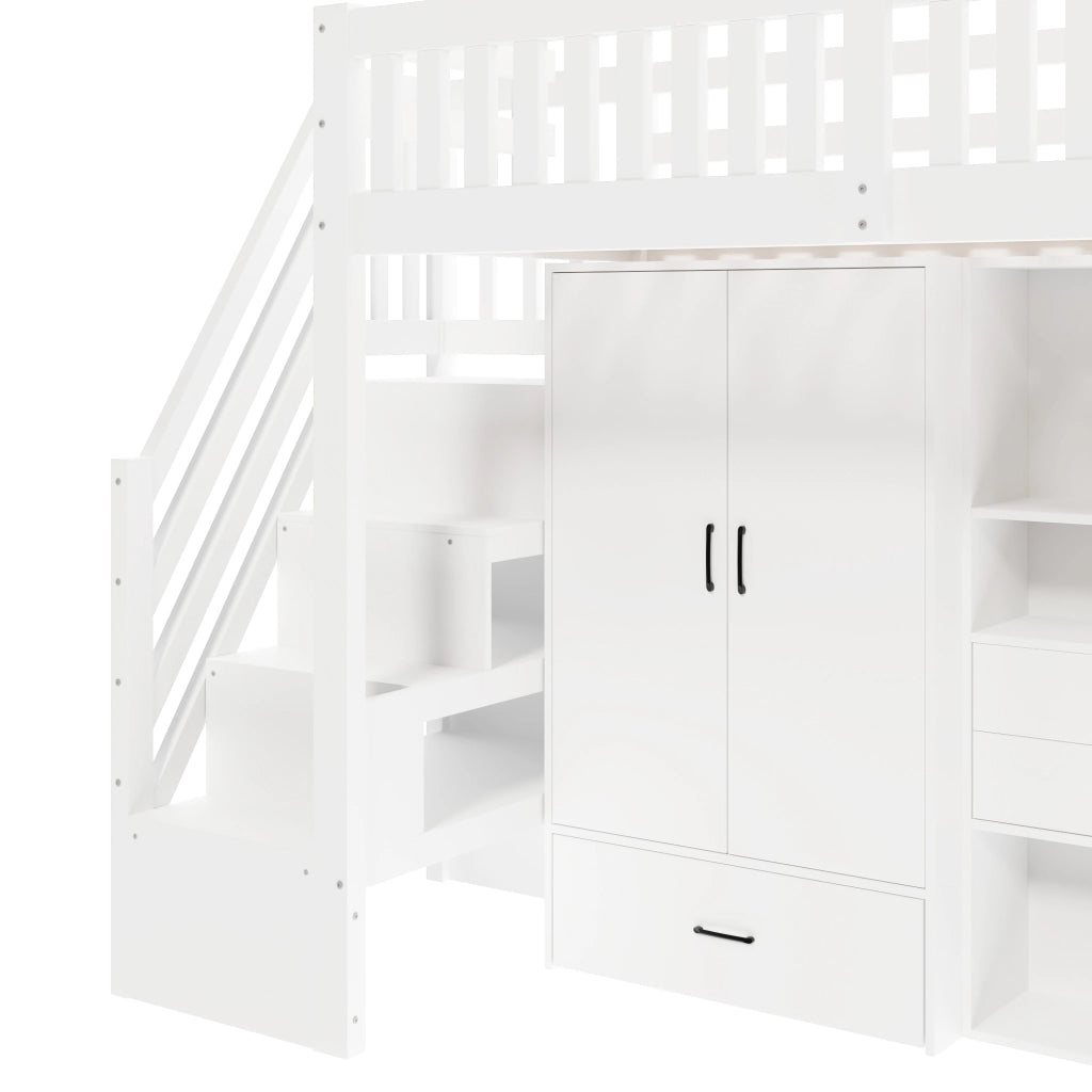 Letto a soppalco 90 × 200 cm con scrivania e armadio; scala contenitore; cassetti; ripiani e barriera in legno bianco
