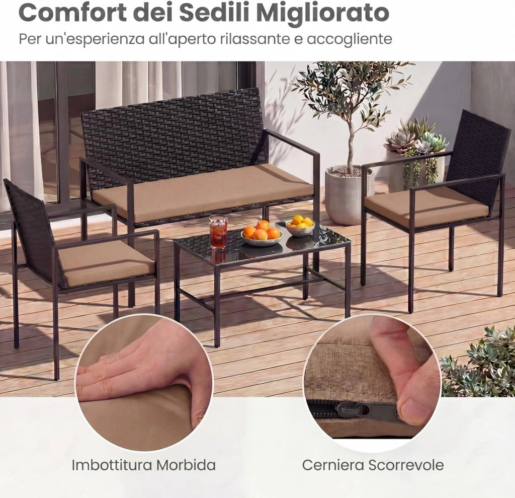 Set Salotto da Giardino in Rattan 4 Pezzi, Set Mobili da Eterno con 2 Poltrone, Divano a 2 Posti, Tavolino con Piano in Vetro Temperato e Comodi Cuscini per Cortile, Bordo Piscina (Marrone)
