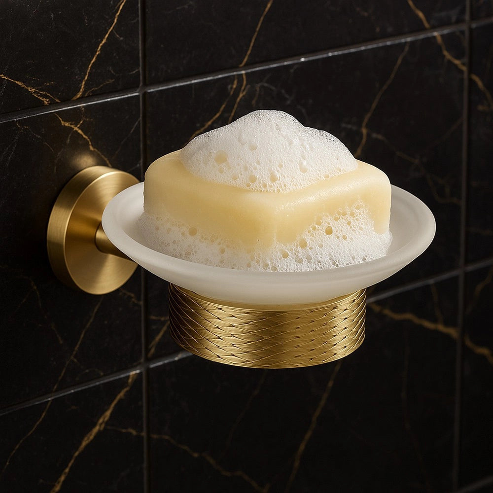 Trade Shop - Porta Sapone In Acciaio Oro Con Piattino Vetro Satinato Accessorio Da Bagno 87927 -