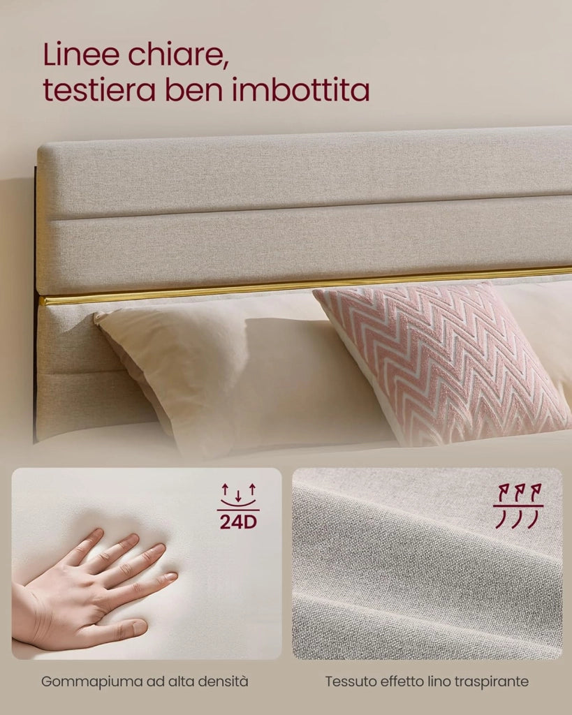 VASAGLE Struttura Letto Matrimoniale, Telaio Letto, per Materasso 140 x 200 cm, Testiera Imbottita Regolabile, Metallo e Legno, Moderno, Beige Cappuccino RMB504LH01