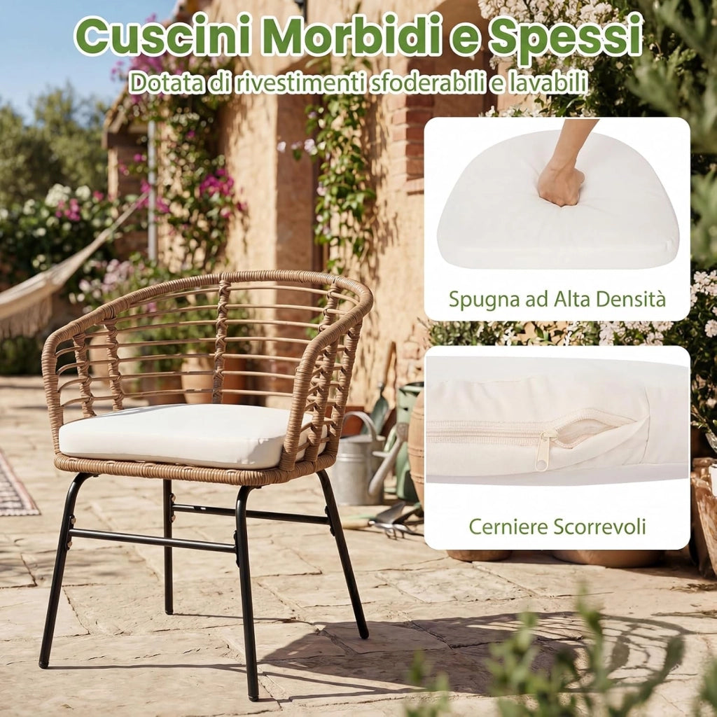 Salotto da Giardino per 2 Persone, Salottino in Rattan Include 2 Poltrone con Cuscini Imbottiti e Tavolino Rotondo con Piano in Vetro Temperato, Set da Esterno a 3 Pezzi per Balcone e Terrazza