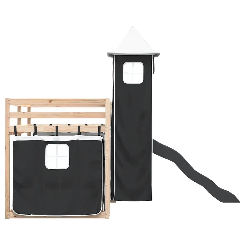 Letto singolo | Letto per adulti | Letto a Castello con Scivolo e Tende Bianco e Nero 80x200 cm