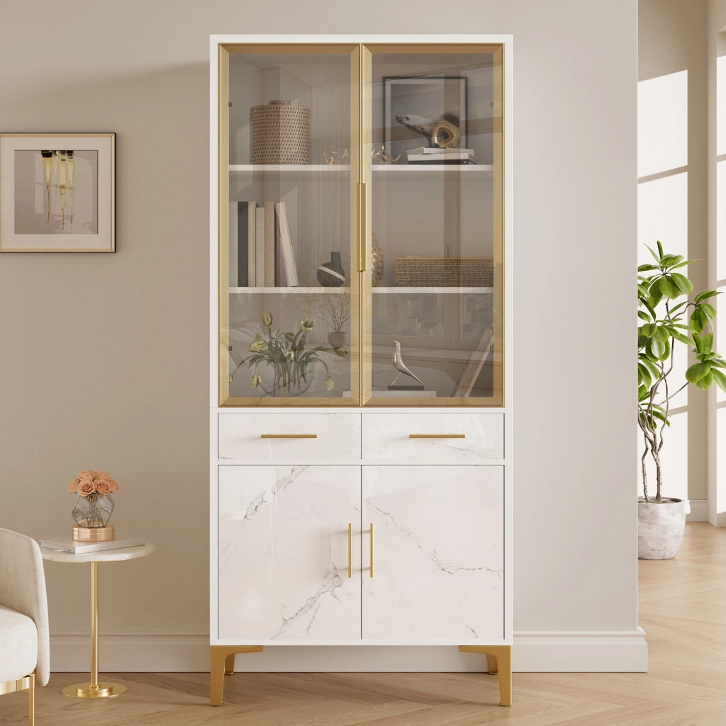 Vetrina con 2 ante in vetro, LED APP, 2 cassetti e ripiani, per soggiorno e sala da pranzo, bianco, 75 × 38 × 170 cm