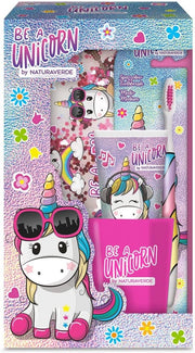 UNICORNO COFANETTO REGALO CON SPAZZOLINO DA DENTI MANUALE CON SETOLE MEDIE E DENTIFRICIO ALLA FRAGOLA, 75 ML