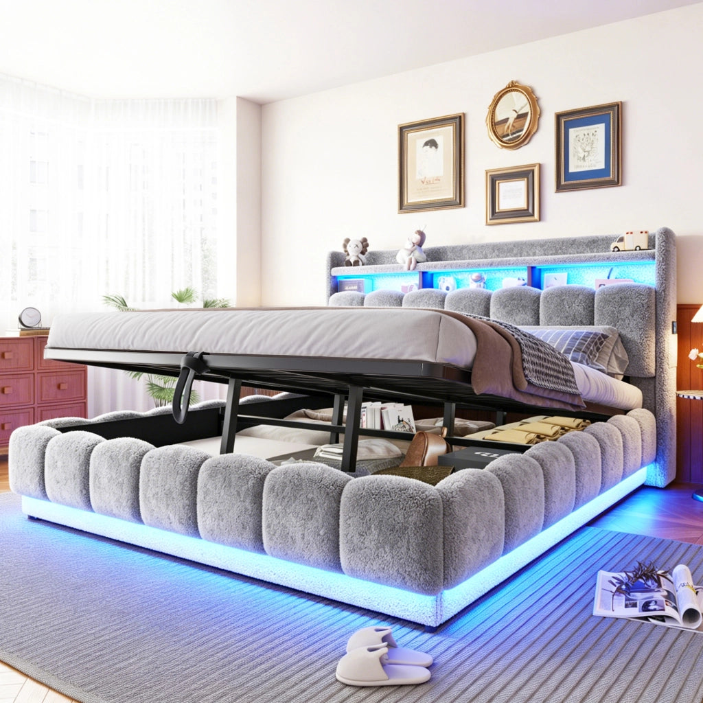 LETTO Contenitore idraulico 180x200 cm in tessuto boucl¨¦ grigio con LED e USB