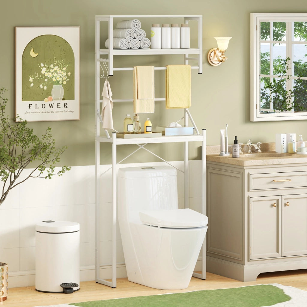 Scaffale sopra il wc organizzatore bagno con 3 ripiani e portasciugamani, Scaffale sopra il wc ganci e barra regolabile Bianco-Armadietti da bagno
